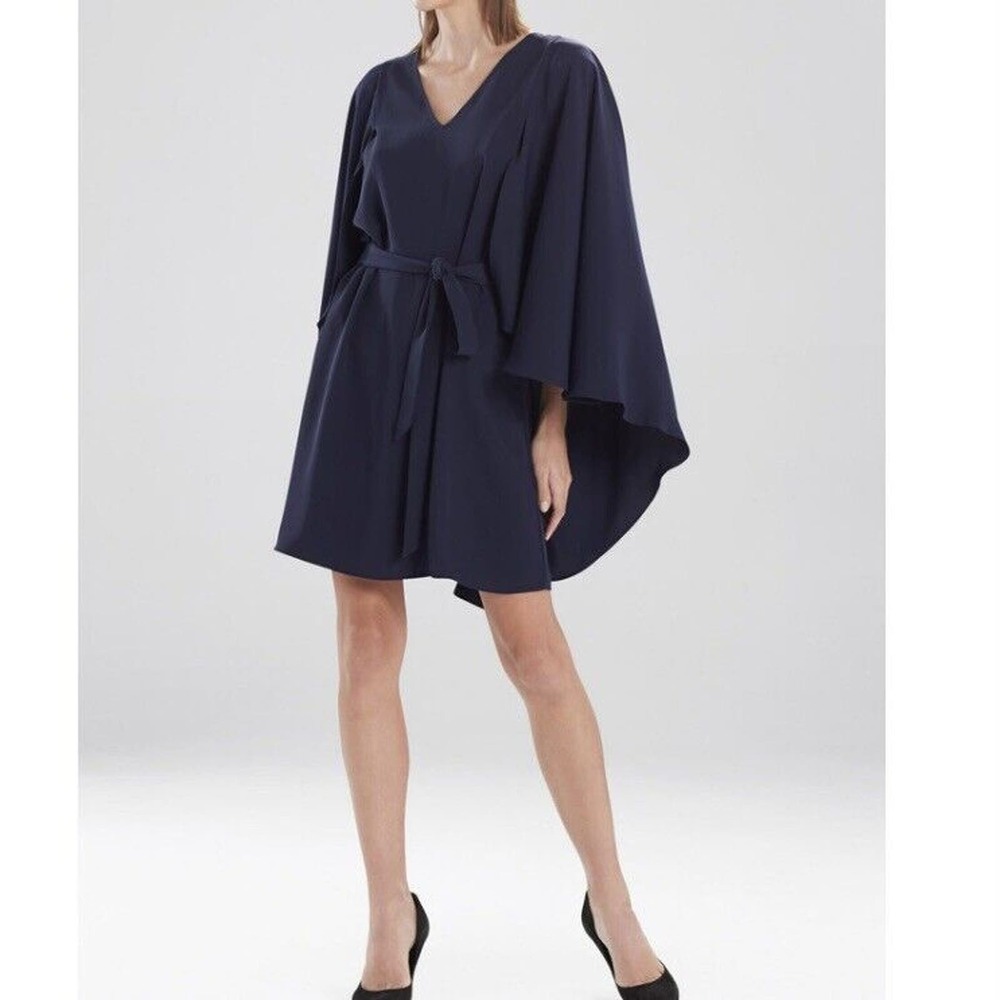 Natori Solid Fluid Crepe Cape Dress Size Medium Navy Blue Minimalist No Sash